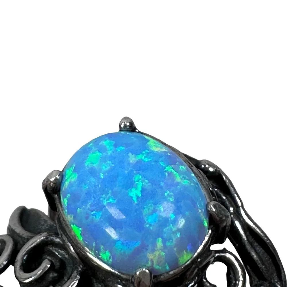 Vintage Israel 925 Sterling Silver Blue Opal Filigree Scroll Ring Jewish Artisan